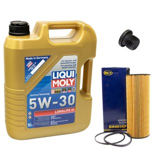 Engineoil set Longlife III 5W-30 Liqui Moly 5 liters + oilfilter SH4036P + Oildrainplug 48874