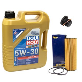 Engineoil set Longlife III 5W-30 Liqui Moly 5 liters + oilfilter SH4036P + Oildrainplug 171173