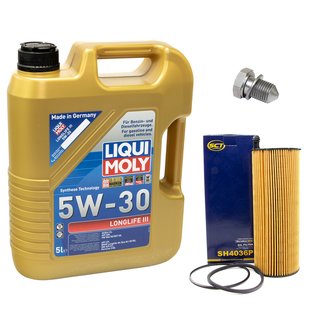 Engineoil set Longlife III 5W-30 Liqui Moly 5 liters + oilfilter SH4036P + Oildrainplug 48871