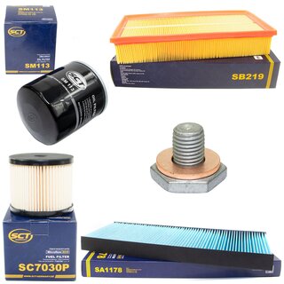 Filter set inspection fuelfilter SC 7030 P + oil filter SM 113 + Oildrainplug 38218 + air filter SB 219 + cabin air filter SA 1178