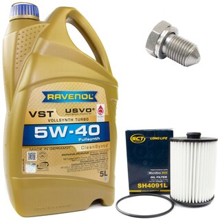 Engine Oil Set 5W-40 5 liters + Oilfilter SCT SH 4091 L + Oildrainplug 15374
