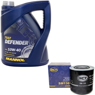 Motor oil set of Engineoil Engine oil semisynthetic MANNOL Defender 10W-40 API SN 5 liters + oil filter SM 136
