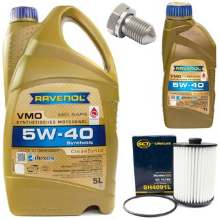Motor oil set of Engine Oil RAVENOL VMO SAE 5W-40 6 liter + oil filter SH 4091 L + Oildrainplug 15374