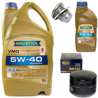 Motor oil set of Engine Oil RAVENOL VMO SAE 5W-40 6 liter + oil filter SM 142 + Oildrainplug 101250